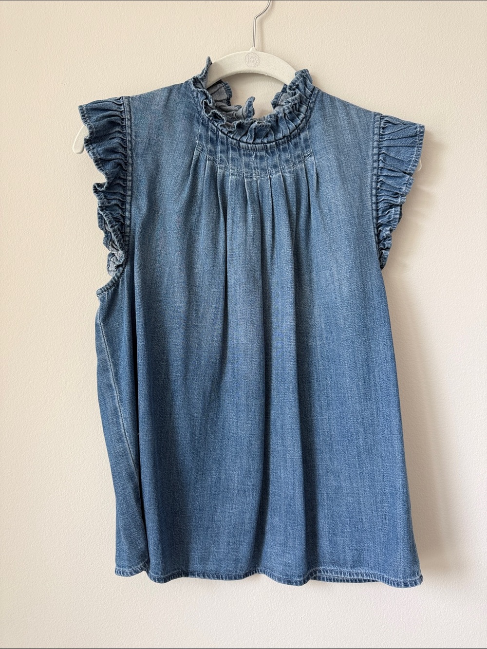 Frame Denim Chambray Washed Blue Ruffle Mock-Neck Sleeveless Blouse